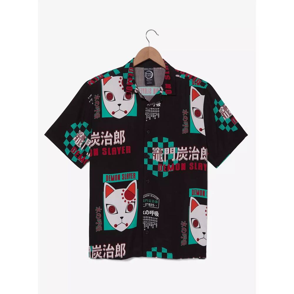 Demon Slayer BoxLunch Mens Woven Shirt Mask AOP Checkerboard Black XL Rayon